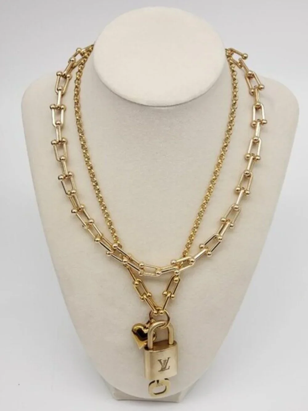 Authentic Louis Vuitton Gold Padlock w/ Unbranded Fashion Stainless Steel Chain